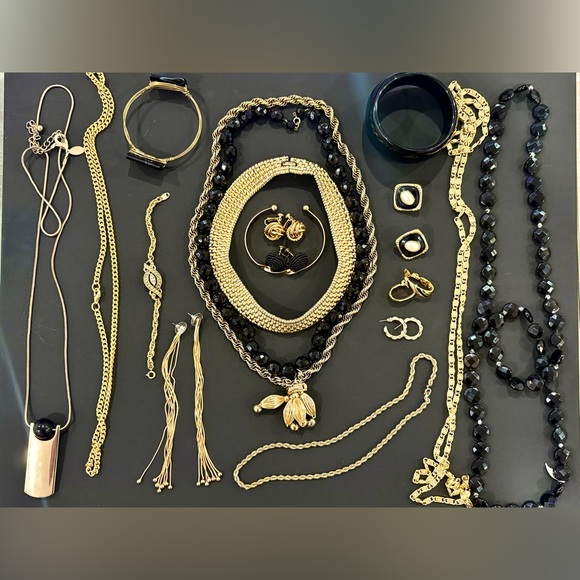 Jewelry - Vintage Jewelry Lot Black & Gold Statement Necklace Earrings Bracelets Chains